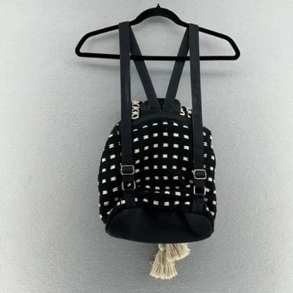 World Market Boho Woven‎ Backpack Purse Black Drawstring Buckle Flap Tassels
